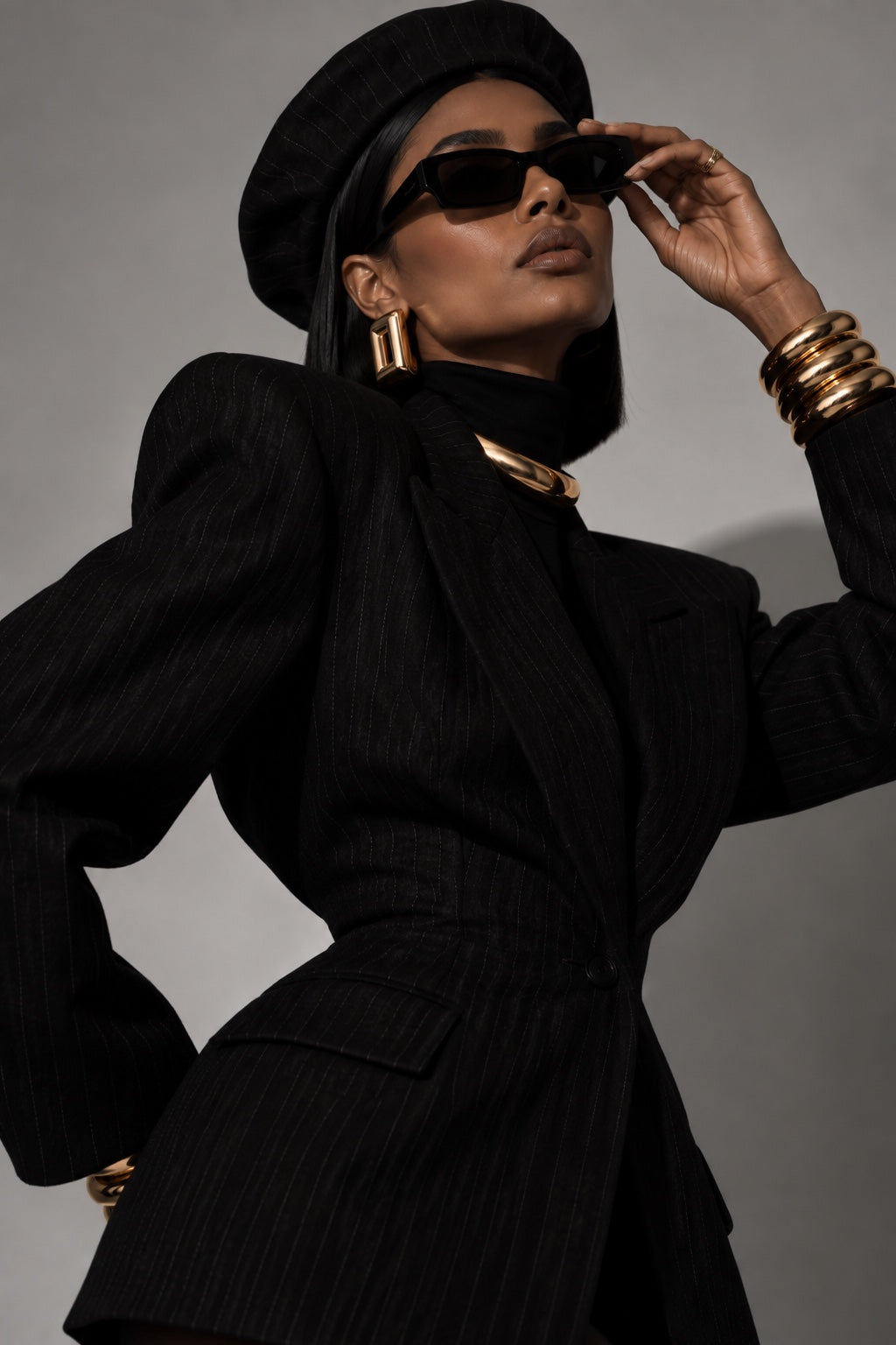 Eighth House campaign: black tailoring, beret and gold jewellery